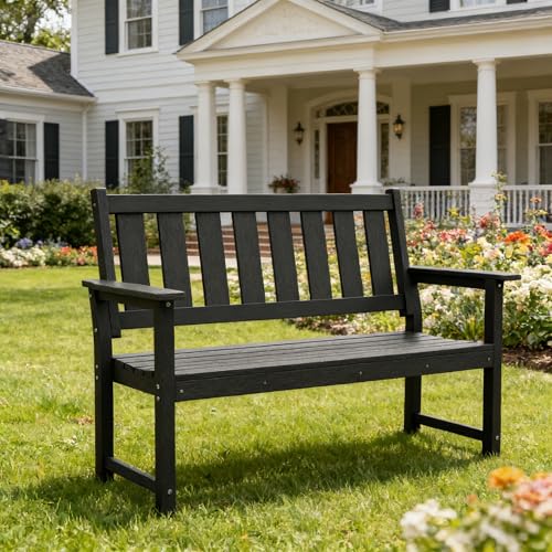 Image of 50 inch HDPE Outdoor Bench, 2-Person Weatherproof Patio Seating, Black