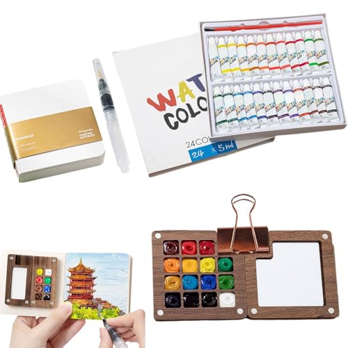 Image of Mini Watercolor Travel Set, 2026 New Mini Watercolor Paint Set Wooden Paint Palette Travel Kit with Colours, Portable Watercolour Palette with Clip for Drawing Gift Art Party Favors (15 Grids)