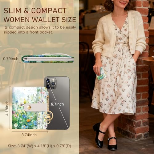 Image of Jogjam Floral Green Rfid Ladies Wallet, Small Slim Thin Compact Credit Card Women Wallet, Spring Flowers PU Leather Bifold Cash Zipper Coin Pocket ID Window for Female
