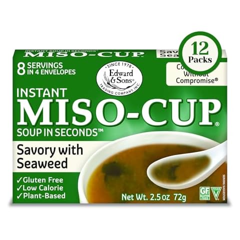 Edward & Son's Organic Savory with Seaweed Miso-Cup Instant Soup Mix – Instant Miso Soup Packets, Light Miso, Plant Based, Vegan, Low Fat, Non-GMO Project Verified – 2.5 Oz (Pack of 12) Cover