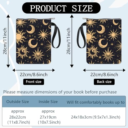CRASPIRE Sun Moon Star Book Covers Black Book Protector Book Sleeve for Paperbacks Washable Fabric Cloth Book Cover with Zipper and Extra Sleeve Pocket for Book Lovers Classmate Gifts - Image 3