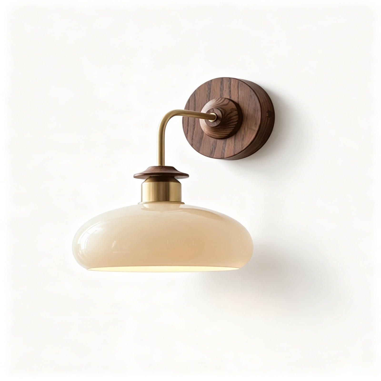 LUOYAOB Mid Century Modern Ash Wood Wall Sconce Brass Glass Wall Lamp Milky White Globe Shade Retro Wall Light Fixture for Bedroom Hallway Study Room Living Room