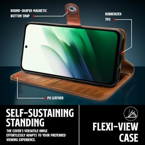 Image of WOW IMAGINE Shock Proof Flip Cover Back Case for Mi Redmi 15 5G (Magnetic Button Flip Case | Wallet Pockets & Stand | Leather Finish | Alder Brown)