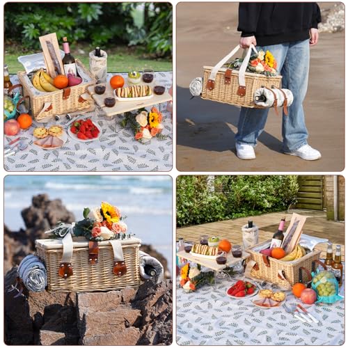 Picknickkorb-Set mit Mini-Klapptisch und Besteck-Set, Picknickkorb für 4 Personen mit kühltaschen, Flechtkorb mit Henkel, Weidenkorb Geschenkset für Picknick Camping Outdoor Party