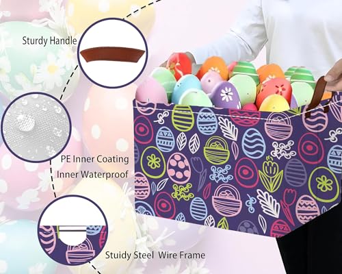 Image of Large Rectangular Easter Baskets Empty Waterproof Boy Toy Box Foldable Kid's Gifts Storage Bin Spring Room Decor(Purple Striped Egg)