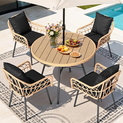 YITAHOME Patio Dining Set with Umbrella Hole for 4, All-Weather Rattan Outdoor Dining Set 5pcs,...