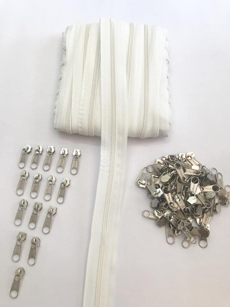 SoftSwiss Zip#5, Roll 5 Meter, with 25 Steel Zip Puller for Tailoring/Stitching/Bags (5 Meter Roll + 25 Steel Zip Puller) White