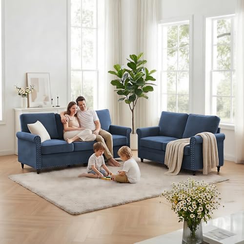 Image of ijuicy 2 PCS Sofa and Loveseat Set, Chenille Living Room Couches, Navy Blue | Modern Upholstered Sofa and Loveseat Living Room Furniture Sets with 6 inch Thicken Cushio, Nailhead Trim