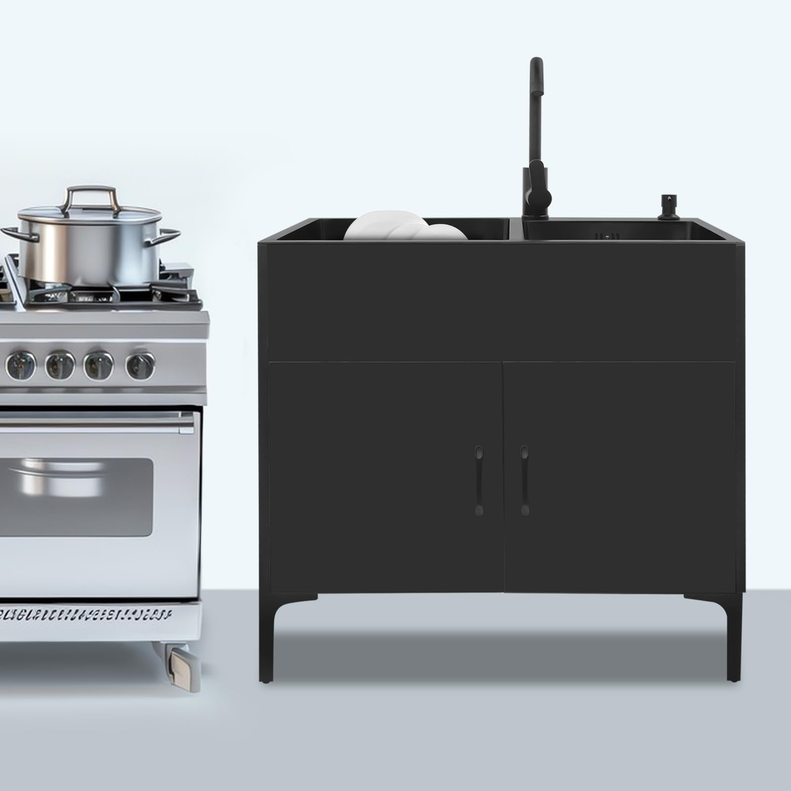 Lavandino da cucina a scomparsa, lavandino con mobile e rubinetto, lavandino in acciaio inox con 2 vasche, tubi di scarico a V e cestello di scarico, per uso esterno, aziende agricole, garage