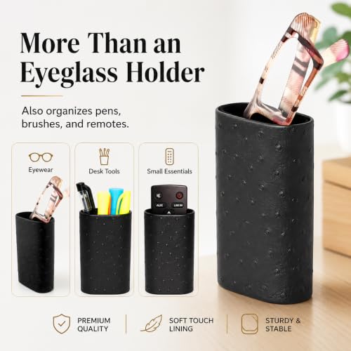 Image of Calabria Desktop Eye Glasses Holder Soft Lining Weighted Base Eyeglasses Stand Case Desks Nightstands PU Leather Mens Womens