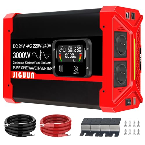 JIGUUN 3000W/9000W 24V auf 230V Reiner Sinus Wechselrichter mit Abnehmbare Fernbedienung, 2 EU Steckdosen, 3 USB+Typ-C Anschlüssen,Geeignet für Wohnmobil,Camper,LKW, Kfz Konverter