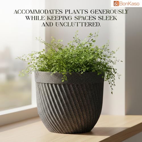 Image of Bonkaso 12 Inch Seltos Ribbed Planter for Indoor & Outdoor Use | Round Heavy Duty Polymer Flower Pot | Lightweight Weather Resistant Modern Gamla for Living Room Balcony & Terrace (Dark Grey)