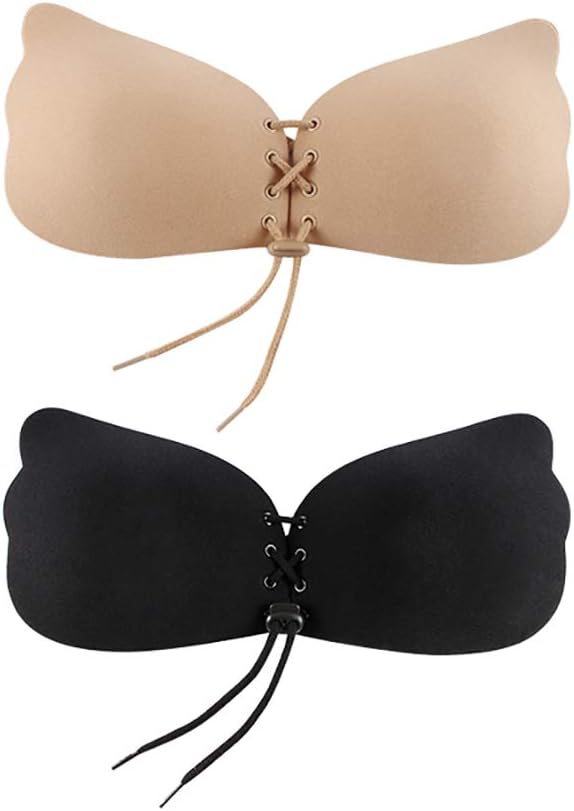 Backless Strapless Bra, Self Adhesive Sticky Silicone Invisible Push up Bra with Drawstring for Women