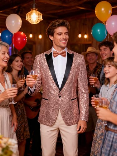 Image of Barry.Wang Mens Sequins Blazer Sparkle Dress Suit Jacket Cocktails Shiny Metallic Disco Dance Party Tuxedo Homecoming