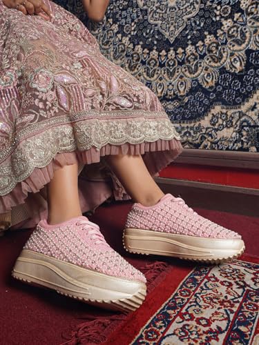 Image of Vendoz Women Hand Embroidery Wedding Party Bridal Floral High Heel Sneakers I Cushioned Insole I Comfortable Wear Wedge Shoes I for Ladies and Girls