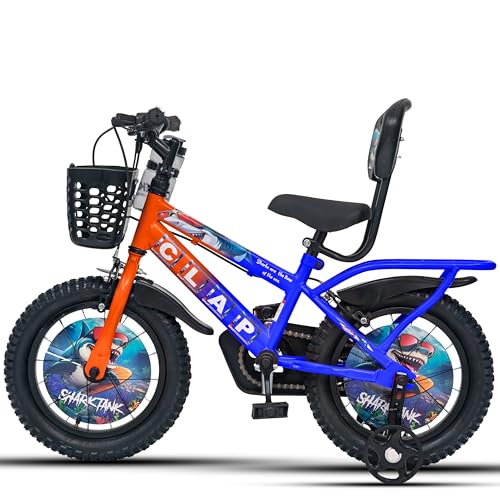 Image of Shark Tank 14T Kids Bicycle for Boys & Girls with Inbuilt Carrier, Front Basket, PU Soft Seat, Full Chain Cover & Stylish Wheelcards (Orange /Blue)