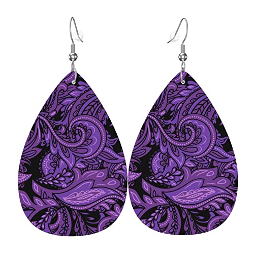 Purple Paisley Bandanna Faux Leather Teardrop Earrings for Women Drop Dangle Earrings Gift