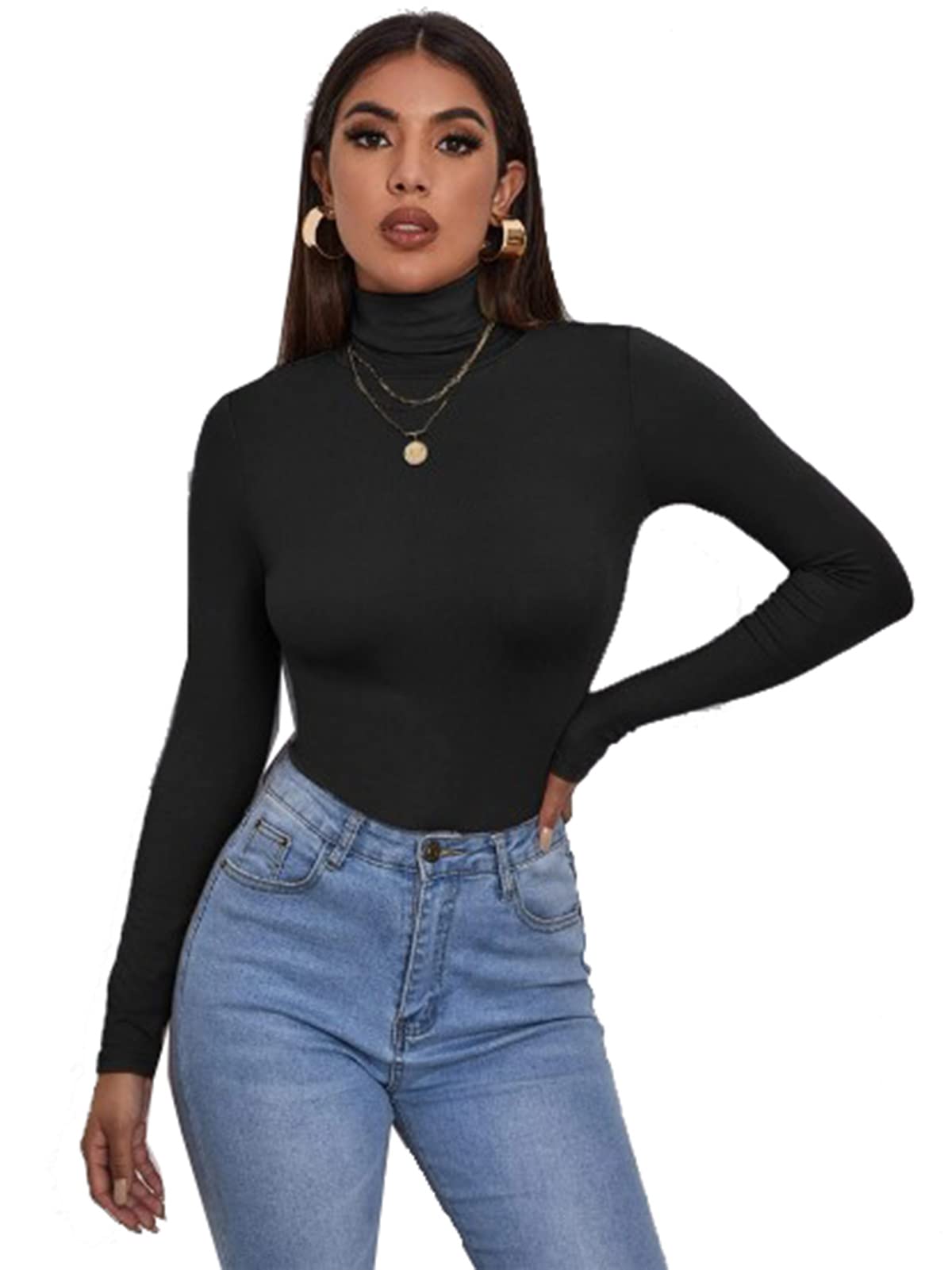 Zaif & Hari® Women's Polo Roll Neck Long Sleeve Turtle Neck Jumper - Ladies Plain Mockneck Casual Top (Black, 24-26)
