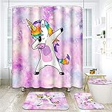 ArtSocket 4 Pcs Shower Curtain Set Funny Unicorn Dance Kid Horse Animal Child Girl Celebration Character Colorful Cute with Non-Slip Rugs Toilet Lid Cover and Bath Mat Bathroom Decor Set 72' x 72'