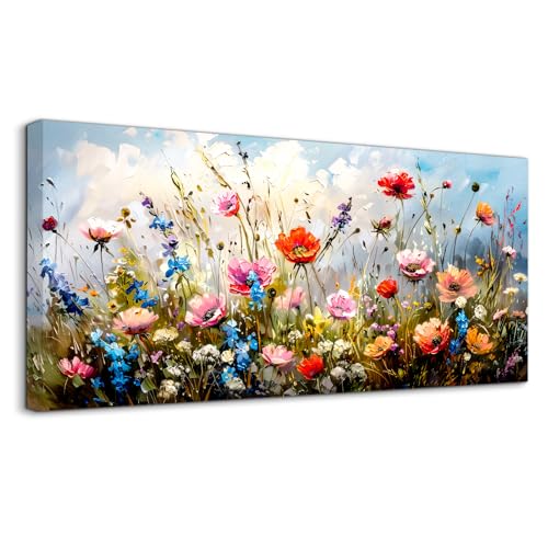 hyidecorart Tableau Decoration Murale Salon Grand, 50x100 cm Impression sur Toile, Cadre Decoration Murale Ciel Bleu et Mer de Fleurs, Moderne Décoration de...
