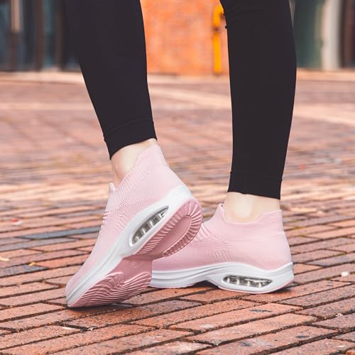 Image of DOUSSPRT Womens Walking Shoes Sock Casual Ladies Fashion Sneakers Comfortable Slip On Air Cushion Platform Pink 9