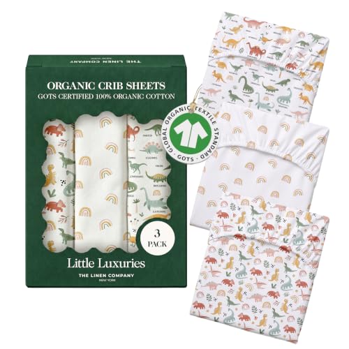 Image of 100% Organic Cotton Baby Crib Sheets (3-Pack) - GOTS Certified, Soft Fitted Sheets for Mini Mattress & Pack n Play, 5 inch Deep Pocket with Secure Elastic Fit, Boys & Girls, 28 inch x 55 inch (Jurassic Joy)