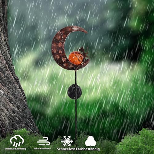 TERESA'S COLLECTIONS Solarlampen für Außen,Gartendeko für draußen Metall Mond Solarleuchte Glaskugel wasserdichte Wegeleuchte mit Blumenfee und Erdspieß,Muttertagsgeschenk Vatertagsgeschenk 80cm(M)