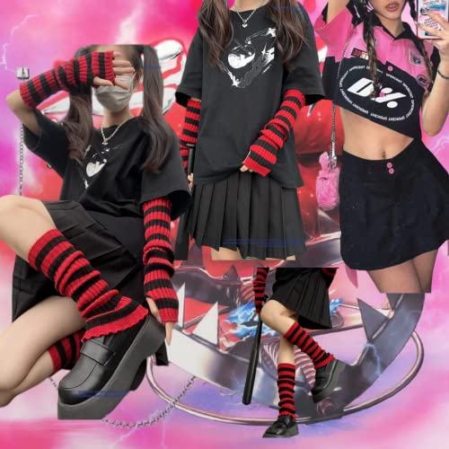 Womens Leg Socks Arm Sleeve Red-Black Stripe Knit Y2K Arm Warmers Gloves Leg Warmer Socks 80s Outfit for Women Party(2 Pairs)4