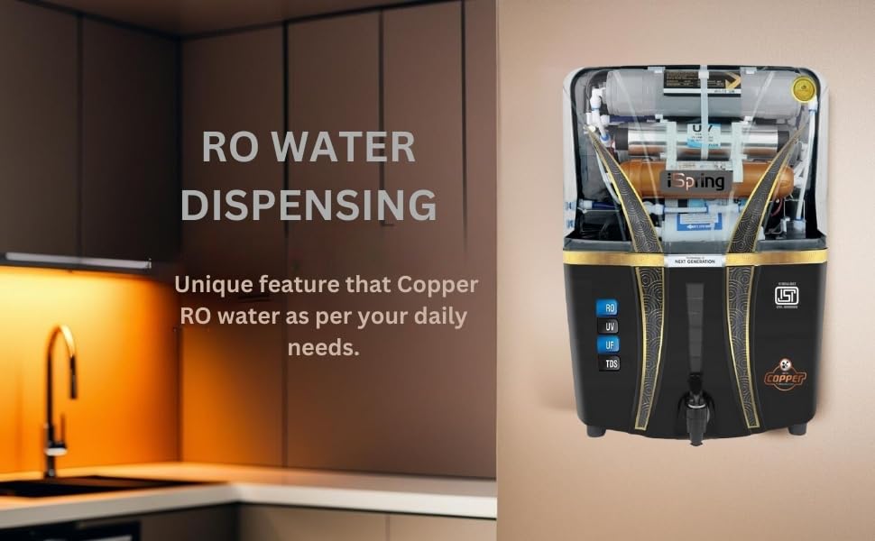Image of iSpring Mineral RO+UV+UF 12 Liter RO + UV + TDS ADJUSTER Water Purifier With Copper Charge Technology Black & Copper Best For Home and Office (Made In India)