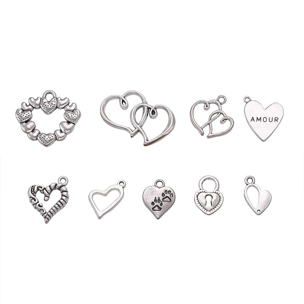 PandaHall 50pcs Tibetan Style Alloy Heart Pendants Antique Sliver Metal Sweet Heart Charms Beads forJewelry Making