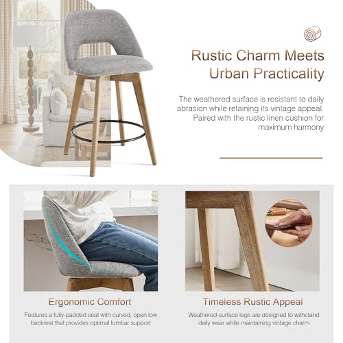 Image of Zesthouse Swivel Counter Height Bar Stools Set of 4, 26 inch Wooden Bar Stools with Back & Weathered Wood Legs, Upholstered Linen Fabric Barstools, Vintage Farmhouse High Chairs for Island Kitchen, Grey