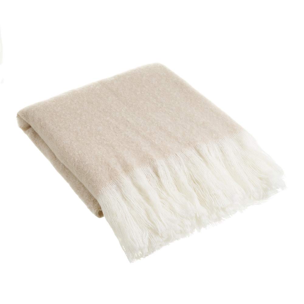 Couverture en laine haut de gamme Lola Home beige à franges 130x170 cm