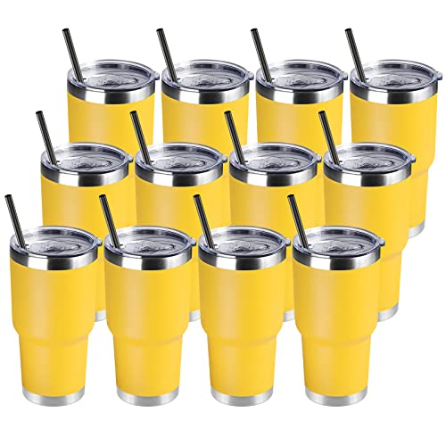 DOMICARE 30 oz Tumbler with Lid and Straw, Stainless Steel Tumblers Bulk, Insulated Vacuum Double Wall Travel Coffee Mug, Durable Powder Coated Tumbler Cups (Yellow, 12)