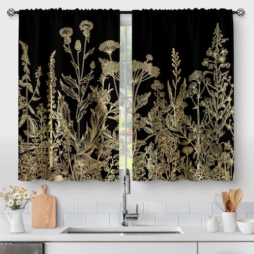 Aimego Flower Leaves Kitchen Curtains - Golden Floral Spring Rustic Plant Botanical Cafe Farmhouse Small Short Curtains For Bathroom Rv Rod Pocket Window Drapes 36 Inch Length 2 Panels Set cover