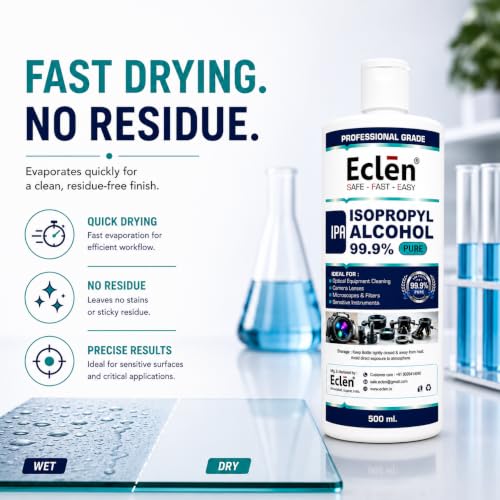 Image of ECLEN Isopropyl Alcohol 99.9% IPA | High Purity Isopropyl Rubbing Alcohol for Electronics Cleaning, Laboratory, Industrial, Surface Preparation & Technical Use (500ml)