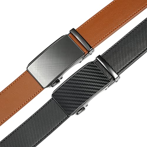 Image of 2 Pack Ratchet Belt 1 3 /8 inch, Mens leather Dress Belt in Gift Set Size 28 inch-62 inch Adjustable waist Trim to Fit