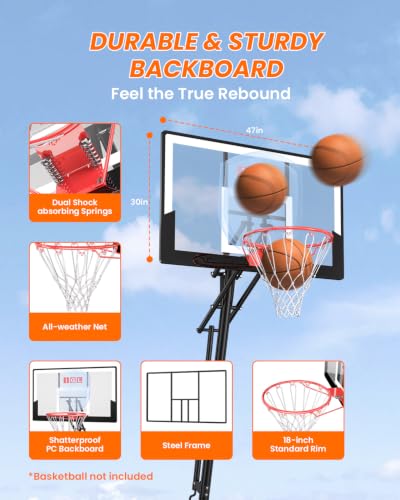 Image of IGL Basketball Hoop Outdoor 47 Inch, Height Adjustable 5.3-10 FT, Portable Basketball Goal with Shatterproof Backboard for Kids Teens Adults, Backyard Driveway