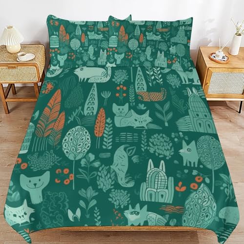 Couette pour grand lit style nature avec parure de lit 3 pièces animaux verts
