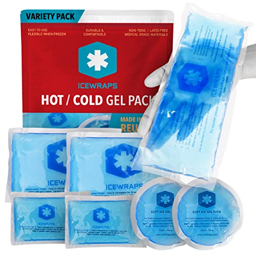 ICEWRAPS Reusable Multipurpose Gel Ice Packs in 4 Sizes - Hot Cold Pack for Kids Injuries, First Aid, Sport Injuries, Breastfeeding, Wisdom Teeth, Muscle and Joint Pain Relief - 7 pack
