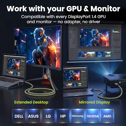 Cable DisplayPort 1.4 de 10 pies para monitores con resolución 8K y alta tasa de refresco de 144Hz 6