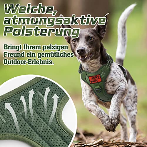 rabbitgoo Hundegeschirr mittelgroße Hunde, Anti Zug Geschirr Hund Verstellbar mit Griffe Verbreitert, Robust und Verschleißfest, Taktisches Hundegeschirr mit Metallschnallen zum Wandern(M, Grün)