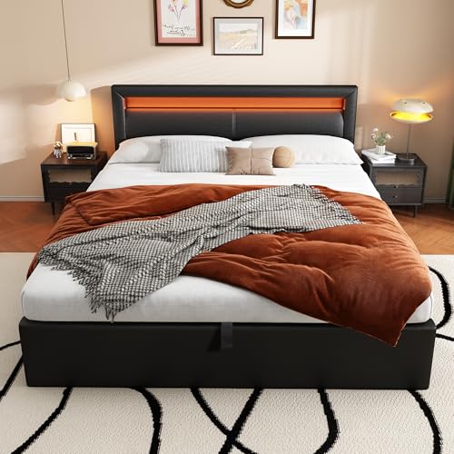 Mielvu Cama acolchada, cama LED de 140 x 200 cm, con somier de láminas y contenedor, con cabecero iluminado en varios colores, negro, piel sintética y madera