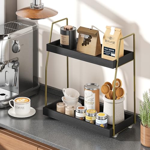 Image of Bathroom Countertop Organizer, Counter Organizer for Bathroom Decor | Wooden Sink Shelf for Vanity Storage, Makeup Tray for Perfume Skincare Bedroom Kitchen Coffee Bar (2 Tier, Black and Gold)