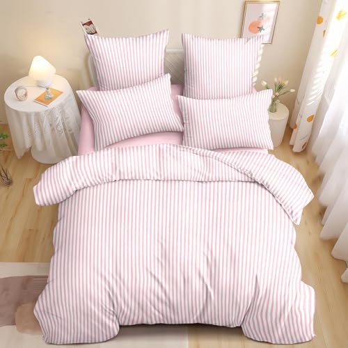 Image of Nayoroom Pink Striped Duvet Cover Twin Size White Stripe Duvet Cover Dorm Bedding Set 2 Pieces Soft Lightweight Washed Microfiber Farmhouse Bedding Set Gifts for Women Men