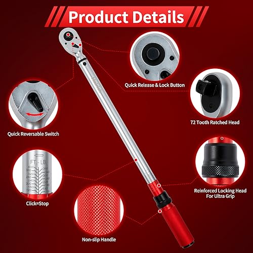 Image of Hairich 3 /4-Inch Drive Click Torque Wrench, Dual-Direction Adjustable 60 tooth 100-400ft.lb /136-542Nm, Professional Inch Pound Torque Wrench, for Maintenance Tool and Product Assembly