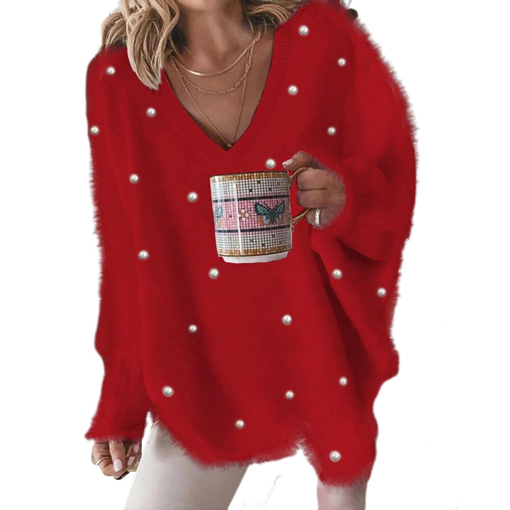 OSCORP Womens Trendy Oversized Pullover Sweater V-Neck Long Sleeve Pearl-Embellished Jumper Tops for Fall Winter 2025
