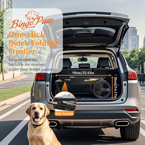 BingoPaw Faltbarer Hundebuggy Große Hunde: Klappbar Hundewagen bis 42kg Hundetrolley mit Regenschutz, Sicherheitsgurt, 4 Rädern & 3 Netzfenstern, Transportwagen Jogger Buggy für Haustiere