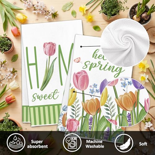 Image of FUTBU Spring Tulips Kitchen Towels, Hello Spring Dish Towels Set of 2 for Bathroom Decor, 18x26Inch Drying Dishcloth Farmhouse Holiday Home Sweet Home Decoration
