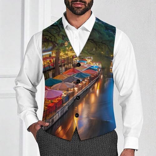 Antonio River Walk Landscape Men's Suit Vest Waistcoat Vests Formal Dress with 2 Pockets for Business Casual Tuxedo2