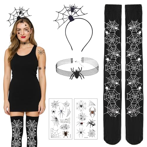 BaiDekun Spinnenkostüm Damen Set inklusive Spinnenweben-Strumpfhosen, Spinnennetz-Zubehör-Set, Spinnen-Gesichtstattoos, Spinnen-Halsbändern, Fledermaus-Kostüm Damen, Karneval